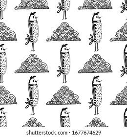 Seamless funny clouds and birds pattern. Vector illustration in doole style. for fabrics, banners, postcards, children s books, Wallpaper, bed linen, tableware design or packaging paper