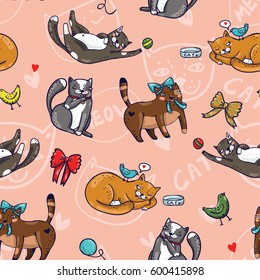 Seamless funny colorful vector pattern with cute cats, birds, balls, bows and hearts on pink background in cartoon style
