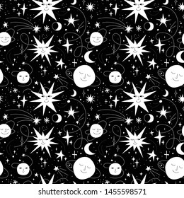 Seamless funny cosmic pattern in trendy doodle style