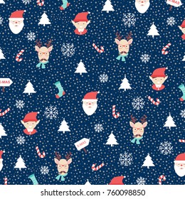 Seamless Funny cute Christmas vector pattern with Santa, design New Year background image.