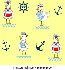 Seamless funny cute seagull cartoon illustration. The design concept for children. Notebooks, labels, diary, accessories-school.