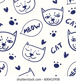 Seamless funny dark blue vector pattern with cute cats,
bubbles and hearts on white background in cartoon style
