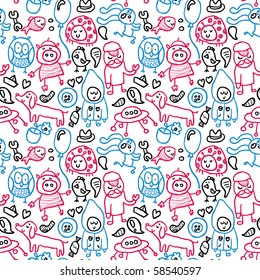 Seamless funny doodles pattern in cartoon style