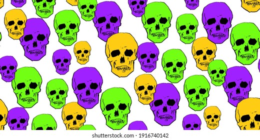 Seamless funny of fluor skulls in comic style. Halloween pattern with trendy cartoon illustration. Vector illustration of stylized human skull the Day of the Death.