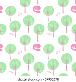 Seamless funny forest pattern with little fox and birds