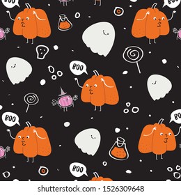 Seamless funny kid halloween pattern, pumpkin, ghost, candy, for fabric, textile wallpaper Vector Illustration - Vector