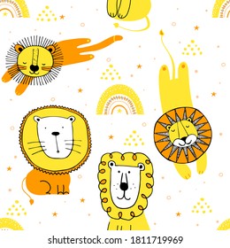 Seamless funny lions drawing with dots and stars. Print for t-shirt textile graphic design. Collection cute lions illustration for kids.