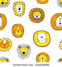 Seamless funny lions drawing. Print for t-shirt textile graphic design. Collection cute lions illustration for kids.