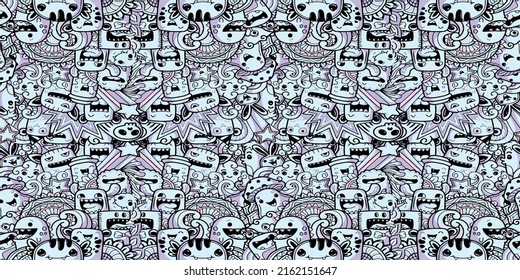 Seamless Funny monster poster in doodle style. Big coloring page with monster