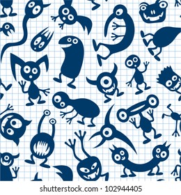 Seamless funny monsters on math paper.
