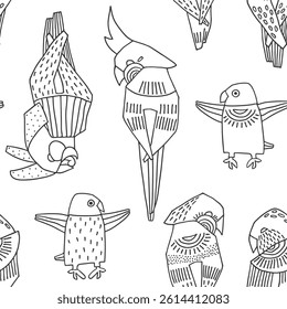 Seamless funny parrots. Doodle birds.