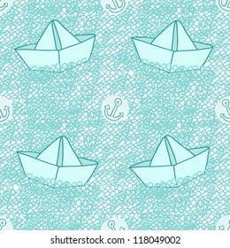 Seamless funny pattern with anchors and paper ships