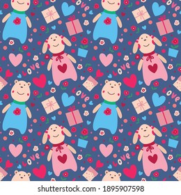 Seamless funny pattern with a bear, bunny, heart, gift