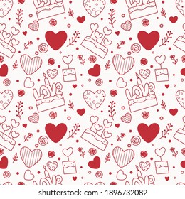 Seamless funny pattern with a cake, hearts, flowers.