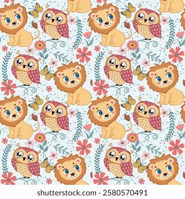 Seamless funny pattern with cartoon doodle cute animals owl and baby lion. Fabric Nursery baby pattern 