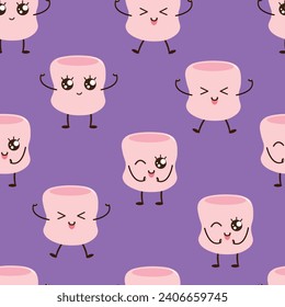 Seamless funny pattern with cartoon marshmallows. Vector character design.	