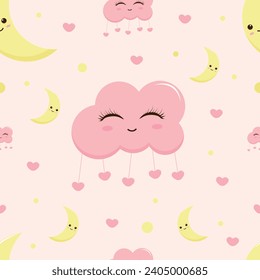 Patrón divertido sin inconvenientes con las nubes de color rosa de dibujos animados y la luna. Diseño de personajes vectores al estilo kawaii	