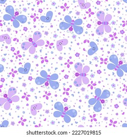 Seamless funny pattern with cartoon smile butterfly and smile hearts