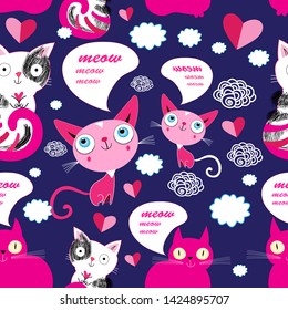 Seamless funny pattern of cats in love on a background with hearts