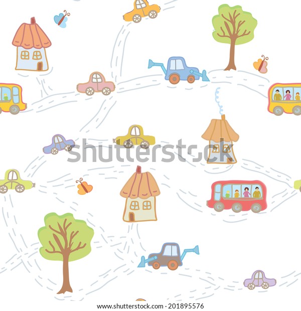 Seamless funny pattern for child with town -\
houses, cars, trees