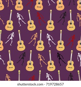 Seamless funny pattern with classic guitars and silhouetted human skeletons.