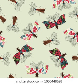 Seamless funny pattern with colorful butterflies. Folk style.