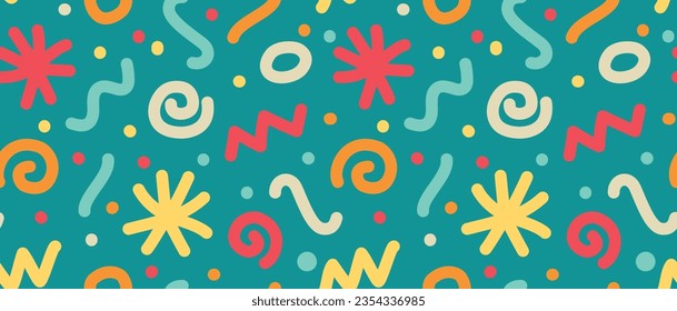 Seamless funny pattern with colorful doodle elements on green blue backdrop. Vector background	