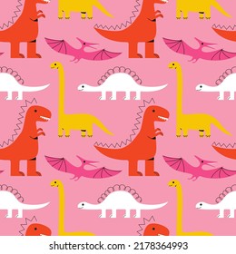 Seamless funny pattern with a cute cartoon dinosaurs 
