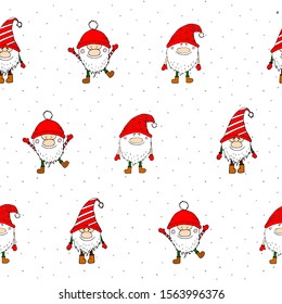 Seamless funny pattern with doodle dwarf. Cute gnomes illustration in sketch style. Doodle dwarf. Ideal for fabric, wallpaper, wrapping paper, textile, bedding, t-shirt print.