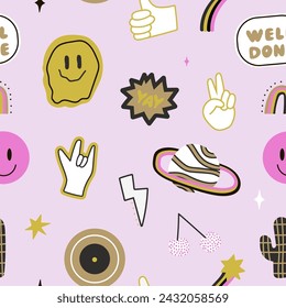 Seamless funny pattern with emoji, patches, star, rainbow, like sigh. Retro style texture. Vector illustration