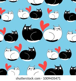 Seamless funny pattern of enamored cats on a blue background