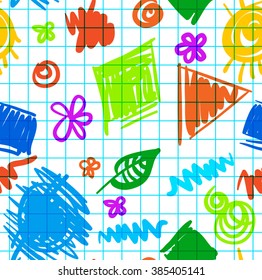 seamless funny pattern with hand drawn geometrical figures spots flowers on checkered vector background