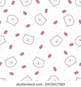 Seamless funny pattern with funny head cats and strawberry. 