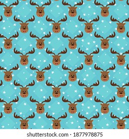 Seamless funny pattern with head of deer on stars background.