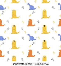 Seamless funny pattern with monsters similar to dinosaurs, vector illustration for print