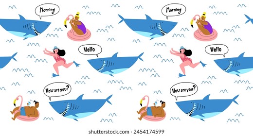 Seamless funny pattern: sharks and tourists. Sharks greet tourists and scare them at sea. Vector illustration.