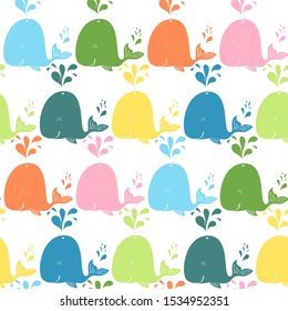 seamless funny pattern vector with fishes, decorative whale on white  background