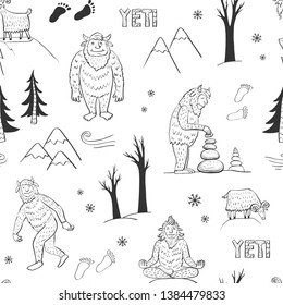 Seamless funny pattern of yeti and mountains. Hand drawings on a white background