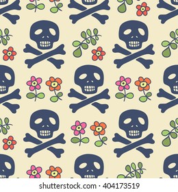 Seamless funny pirate pattern with skull, crossbones and flowers. Good for textile fabric design, wrapping paper and website wallpapers. Vector illustration.