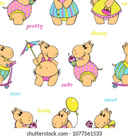 Seamless with funny pretty baby-girl hippos. For children design.