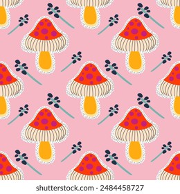 Seamless funny Red mushroom great for modern fabric designs, wallpapers, backgrounds, and contemporary art projects. on pink backgound