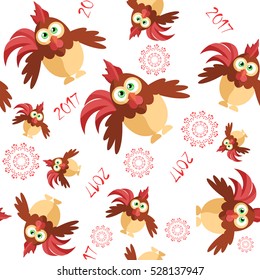 Seamless with funny rooster in cartoon style for Christmas greetings. It can be used as wrapping paper, wallpaper for your computer or in a children's room