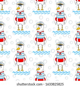 Seamless funny seagull in red circle. Print for fabric, paper and background.
