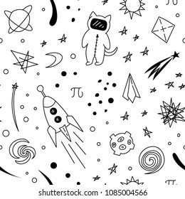 Seamless funny space pattern, hand drawn stars, planet, asteroids, rocket, cat astronaut, vector illustration