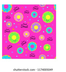 Seamless funny sweet donuts pattern. Pink, purple, pink and blue donuts on pink background