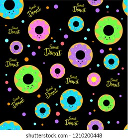 Seamless funny sweet donuts pattern. Pink, purple, pink and blue donuts on black background