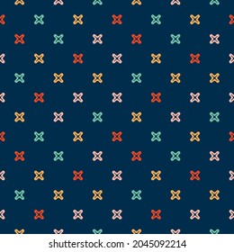 Seamless funny and trendy pattern. Vector illustration with colorful small crosses, plus signs. The background is used for the design of clothes, wallpapers, textiles, packaging, paper, postcards.