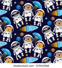 Seamless funny vector cartoon cat bear raccoon cosmos ufo flying saucer rocket star satellite pattern. Animals in space, colorful vector seamless pattern