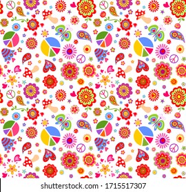 Seamless funny wallpaper with hippie peace symbols, flower-power, poppies, butterfly, fly agaric and paisley