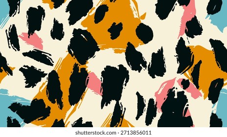 Padrão de pele uniforme da beleza de animais selvagens. Manchas e manchas imitam a aparência de diferentes peles de animais. O fundo do vetor adiciona contraste, melhorando o efeito lúdico geral. 